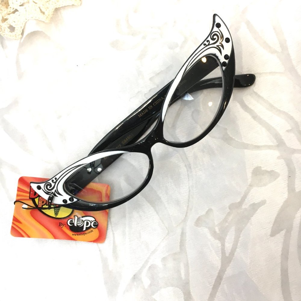 50’s Style Black & White Rhinestone Cat Eye Glasses VTG NOS  NWT